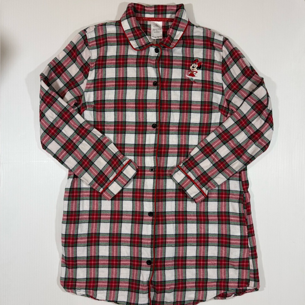 Women’s Disney Minnie Mouse Christmas Red Plaid Button Front Nightgown Medium